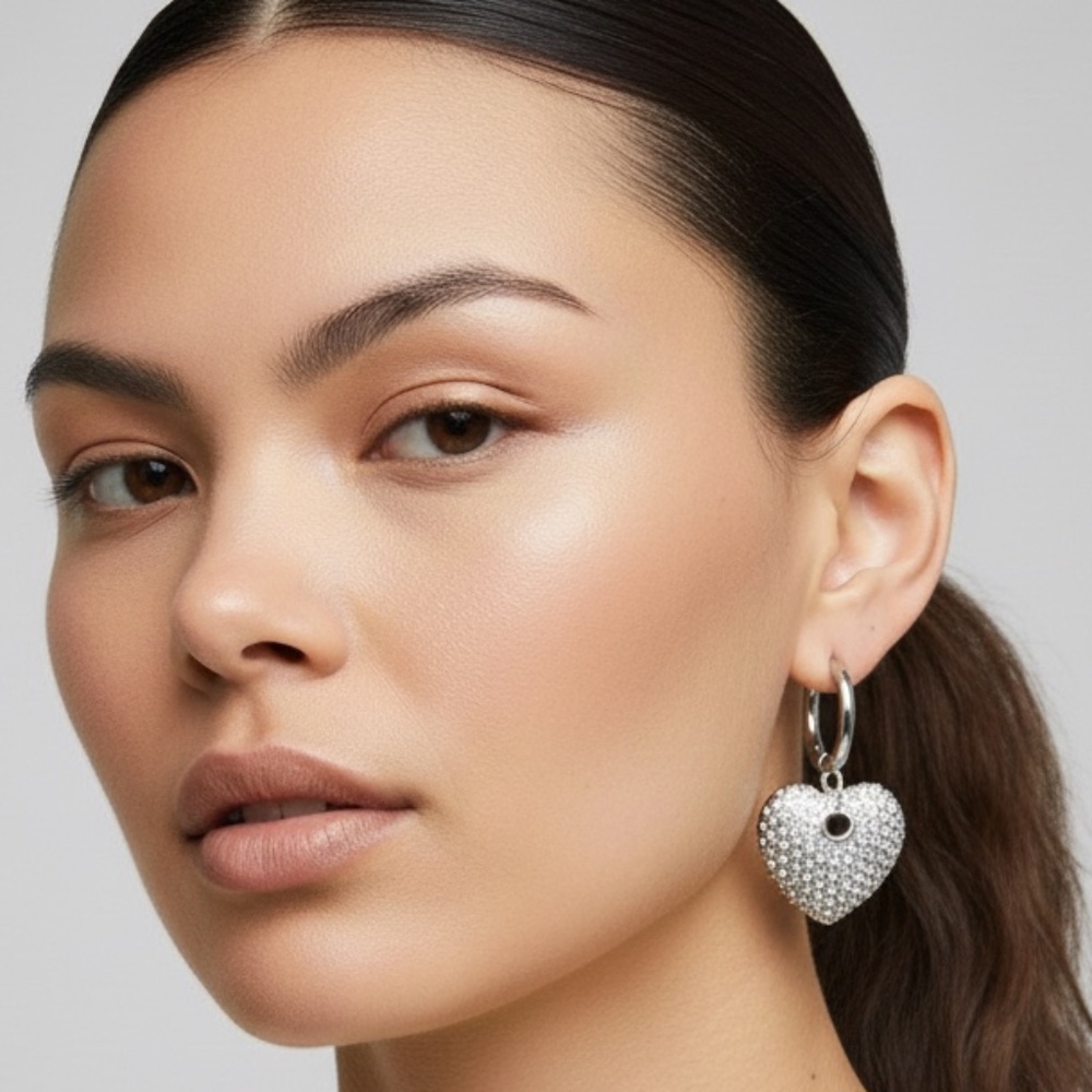 NWT GUESS Silver Pave Crystal Puffy Heart Hoop Earrings Y2K Coquette Retro